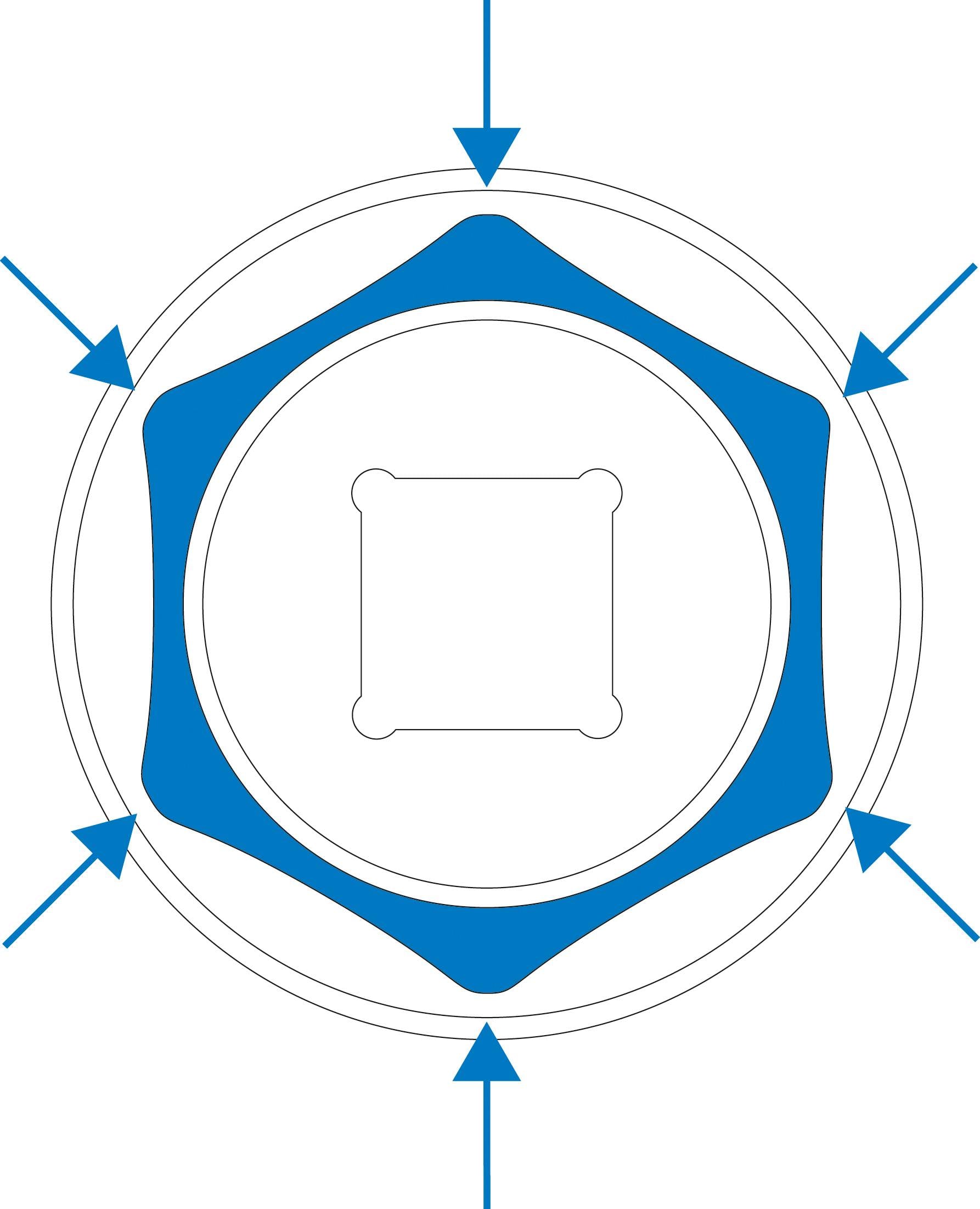 Diagram znázorňuje šesťcípu hviezdu v modrej farbe, obklopenú koncentrickými kruhmi. Modré šípky smerujú dovnútra.