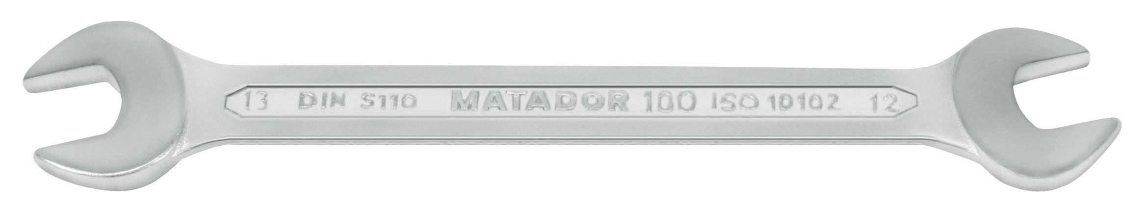 Obojstranný plochý kľúč, striebristo lesklý, s gravírovaným nápisom 'DIN 3110' a 'MATADOR 100 ISO 10102'. Naľavej strane veľkosť hlavy 11, na pravej strane veľkosť hlavy 12.