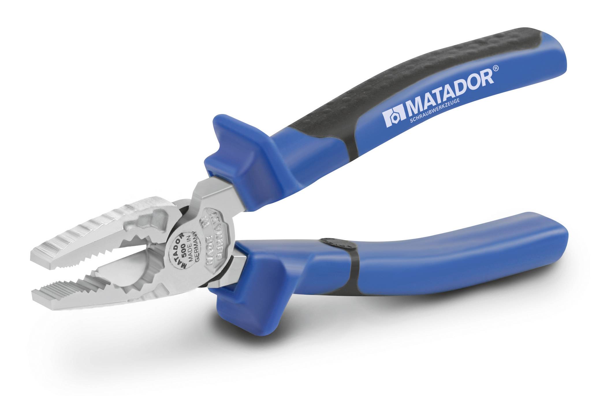Kliešte so modrými rúčkami značky Matador, otvorené a zobrazené v diagonálnej polohe. Ideálne pre remeselné práce.
