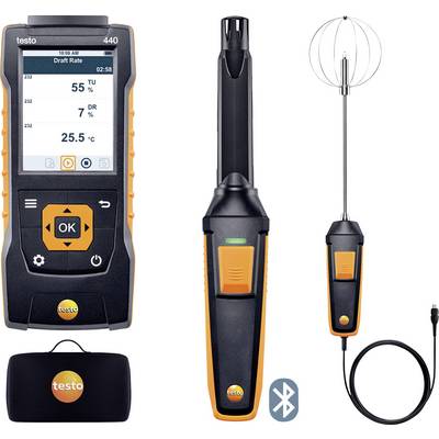 Priestorový merač klimatických parametrov Testo 440 so senzormi pre teplotu, vlhkosť a rýchlosť prúdenia vzduchu. Obsahuje Bluetooth a displej.