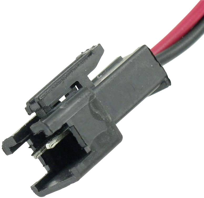 Čierny a červený elektrický konektor s voľným koncom, pripravený na pripojenie ku kompatibilnému protikusu.