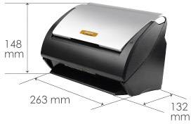 Na obrázku je etiketový tlačiareň s rozmermi: výška 148 mm, šírka 263 mm, hĺbka 132 mm.