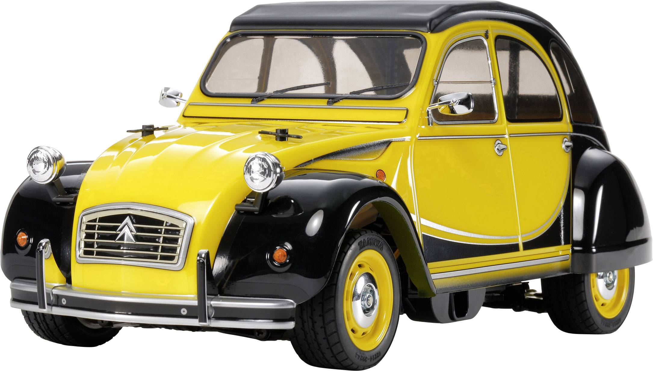 Žltý a čierny Citroën 2CV s oblými tvarmi a okrúhlymi svetlometmi, zachytený z prednej bočnej strany.