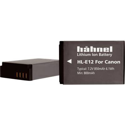 Lítiovo-iónová batéria značky Hähnel, model HL-E12, kompatibilná s Canon fotoaparátmi. Typické špecifikácie: 7,2V, 850mAh, 6,1Wh. Minimálna kapacita: 800mAh.