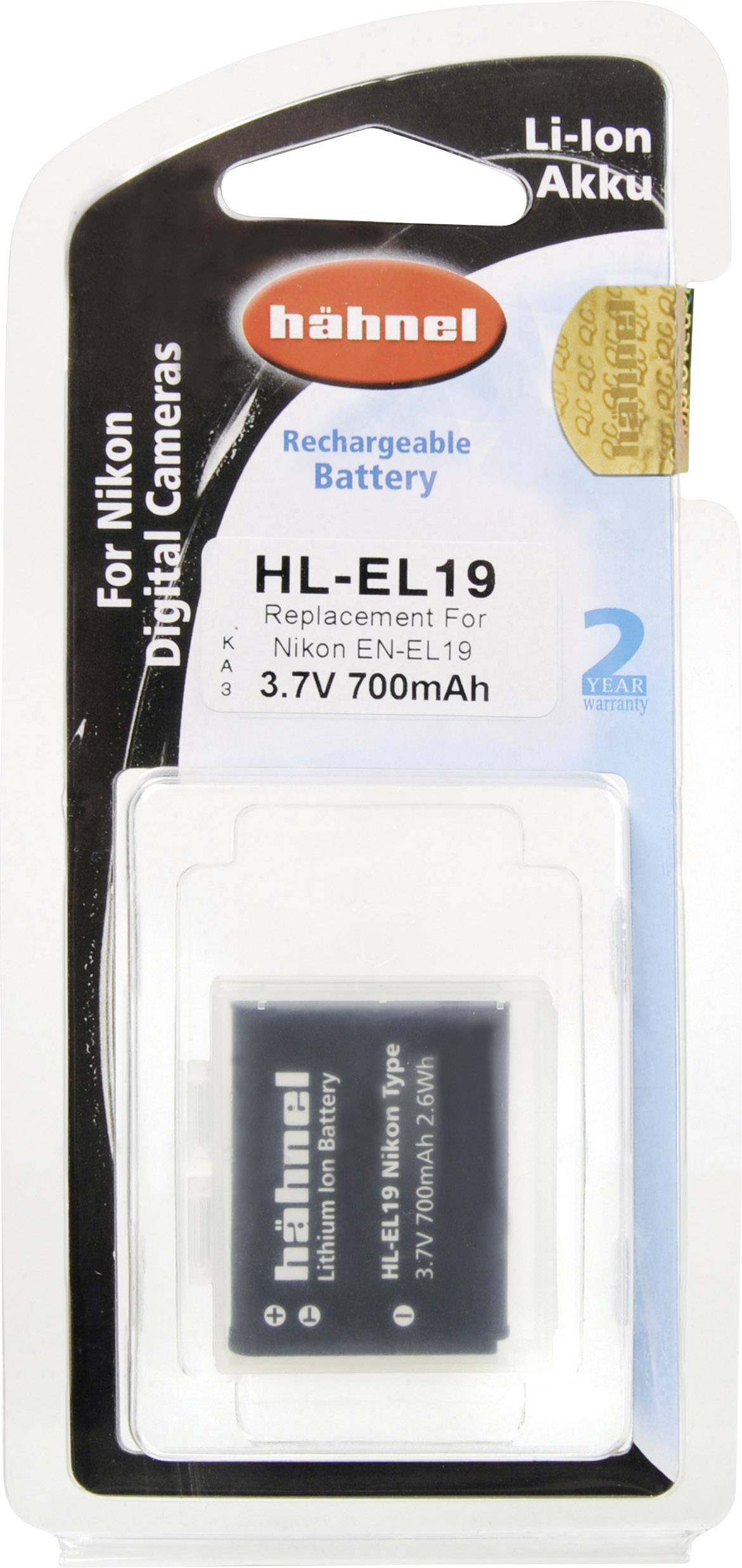 Akumulátor Hähnel HL-EL19, vhodný pre digitálne fotoaparáty Nikon, nahrádza EN-EL19, Li-Ion, 3,7V, 700mAh, nabíjateľná batéria.