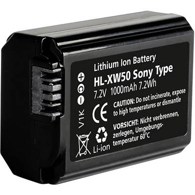 Čierny lítiovo-iónový akumulátor 'HL-XW50 Sony typ', 7,2V, 1000mAh. Výstraha: Nespáľať, nerozlamovať alebo nevystavovať vysokým teplotám.
