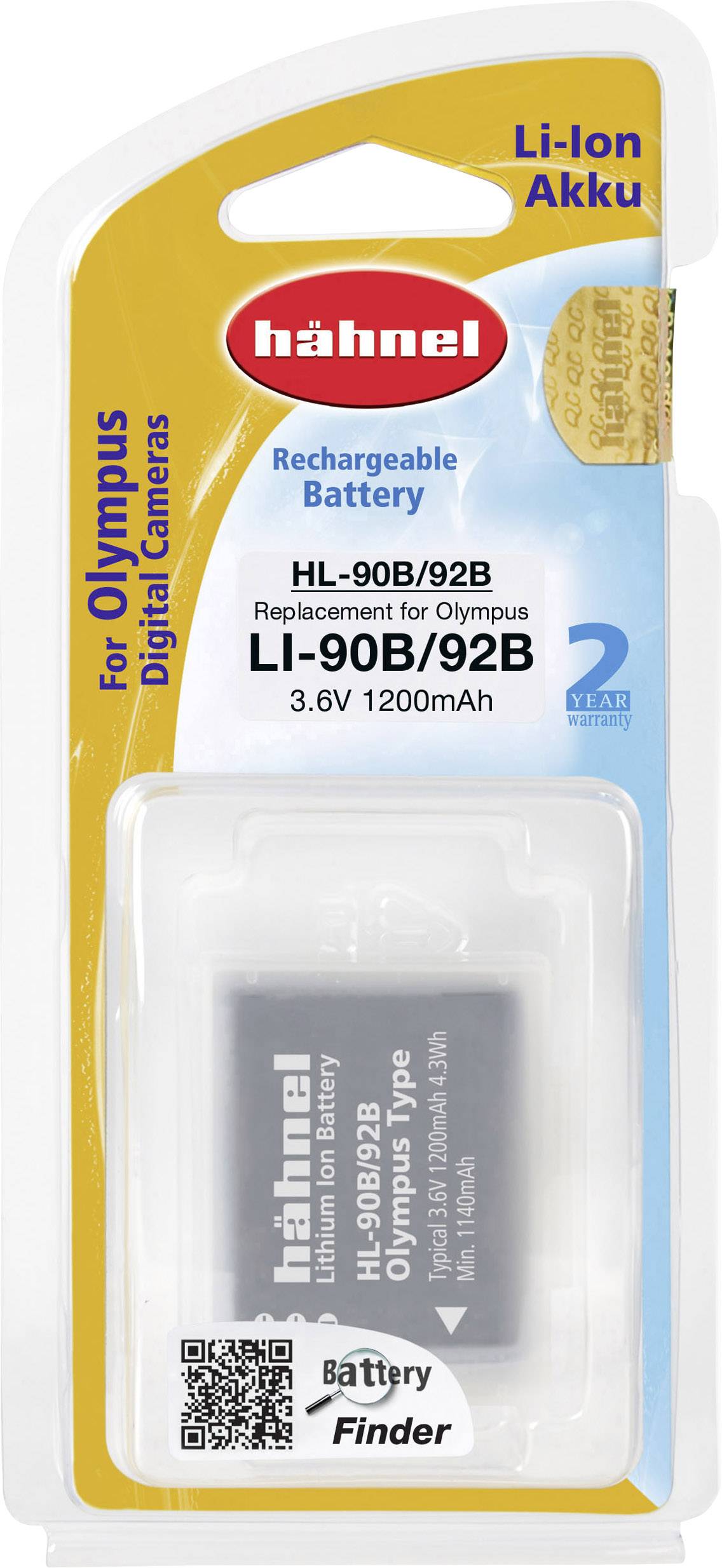 Nabíjateľná batéria Hähnel HL-90B/92B pre fotoaparáty Olympus, 3,6V, 1200mAh, náhrada za LI-90B/92B, lítiovo-iónová, 2-ročná záruka.