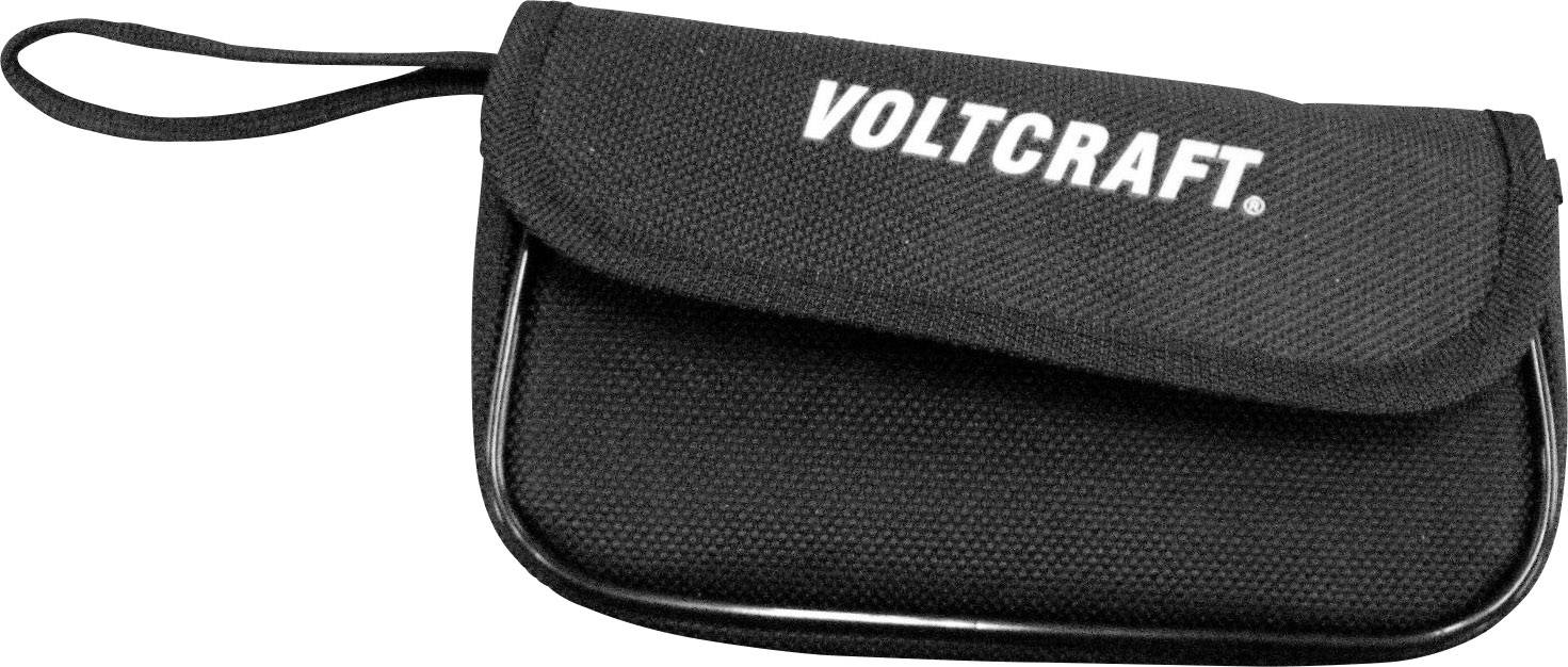 Čierna taška s nápisom 'VOLTCRAFT'. Má popruh v ľavom hornom rohu a klapku, ktorá zakrýva otvor.