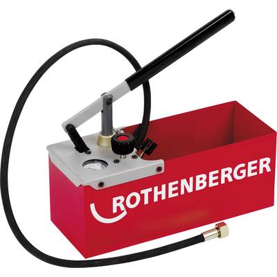 Červená tlaková testiaca pumpa s čiernou pákou a hadicou. Na pumpe je napísané 'ROTHENBERGER'.