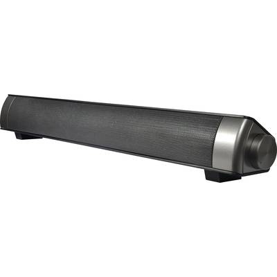 Strieborná soundbar s čiernou reproduktorovou mriežkou a veľkým otočným gombíkom vpravo, umiestnená na čiernom stojane.
