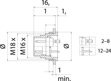 Technický výkres valcového snímača so závitom M18 x 1, detaily rozmerov a pripojenia.