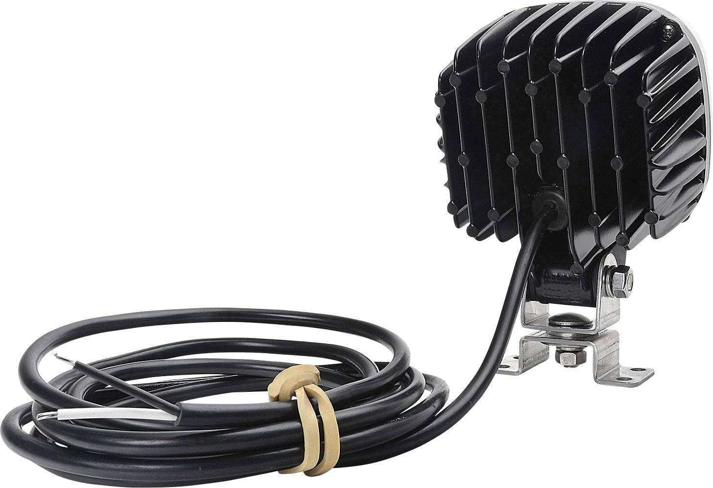 Čierna LED pracovná lampa s kovovým držiakom a dlhým, navíjaným káblom, vhodná pre vozidlá alebo pracovné stroje.