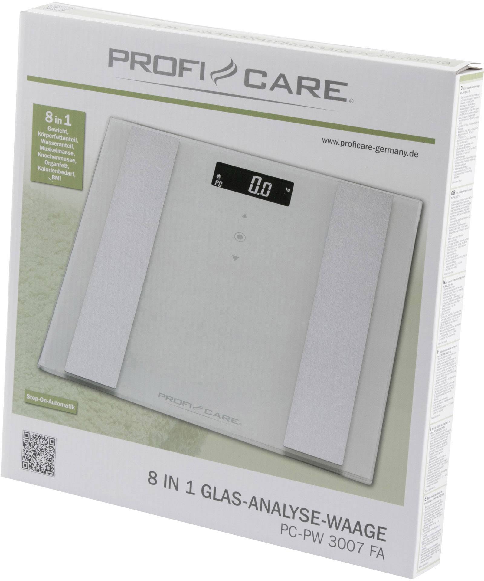 Obal váhy "ProfiCare" 8-v-1 na analýzu telesnej hmotnosti zo skla. Zobrazuje digitálny displej, kapacita až 150 kg. Reklama na funkcie analýzy tela.