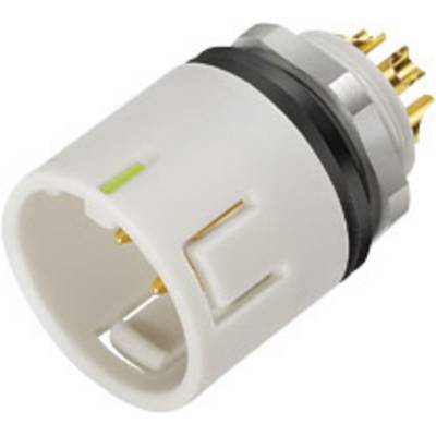 Biela, valcovitá elektrická zásuvka s viacerými zlatými kontaktnými kolíkmi a čiernym prsteňom. Vhodná pre elektrické prepojenia.