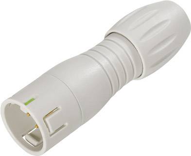 Biely, rebrovaný elektrický konektor s valcovým puzdrom a tvarovaným, ergonomickým povrchom.