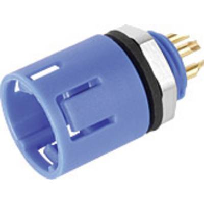 Modrý elektrický konektor s viacerými zlatými kolíkmi a čiernym gumeným krúžkom na izoláciu.