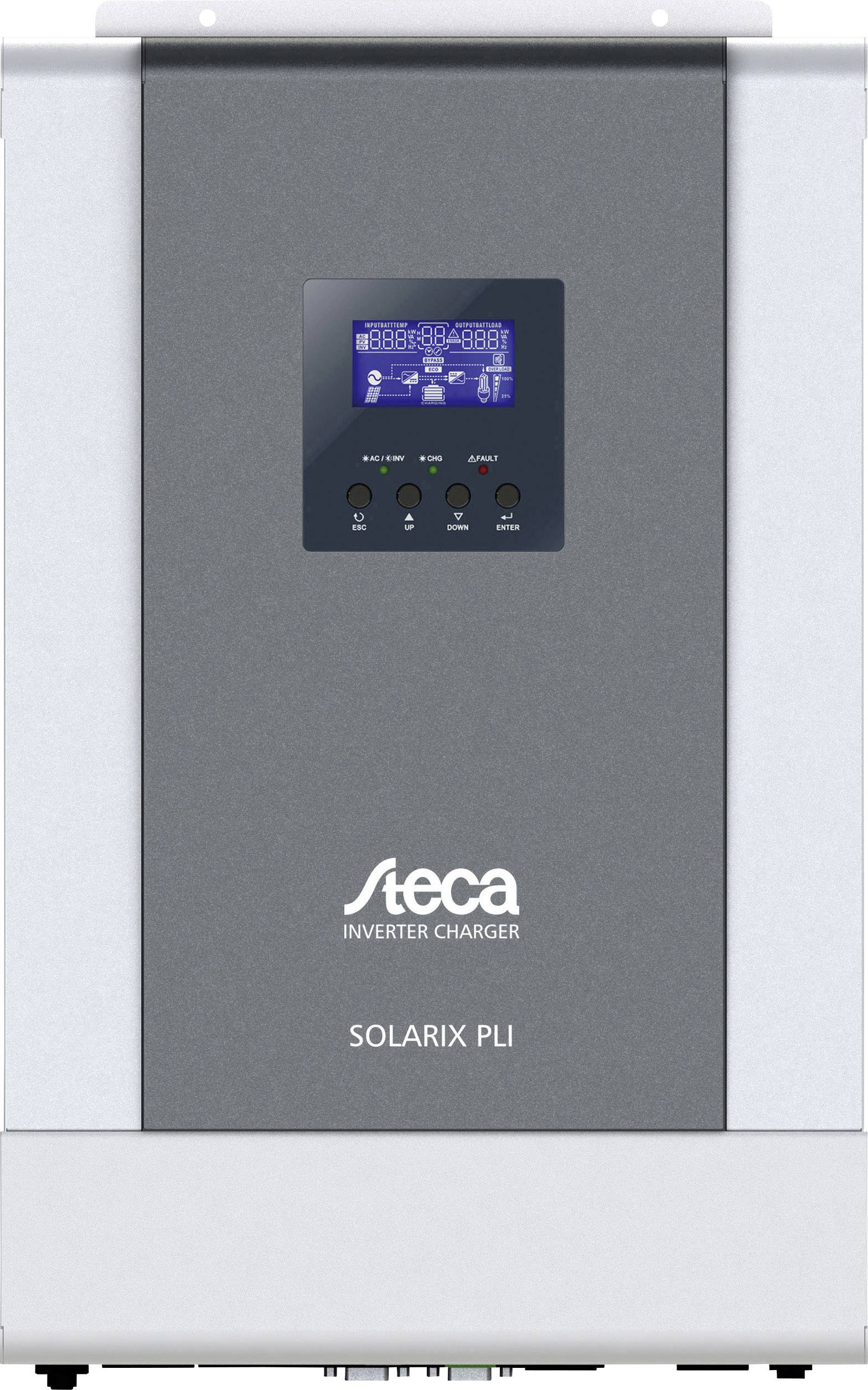 Sivý solárny menič s displejom a nápisom 'Steca Solarix PLI'. Obrazovka zobrazuje stav energie a obsahuje ovládacie tlačidlá.