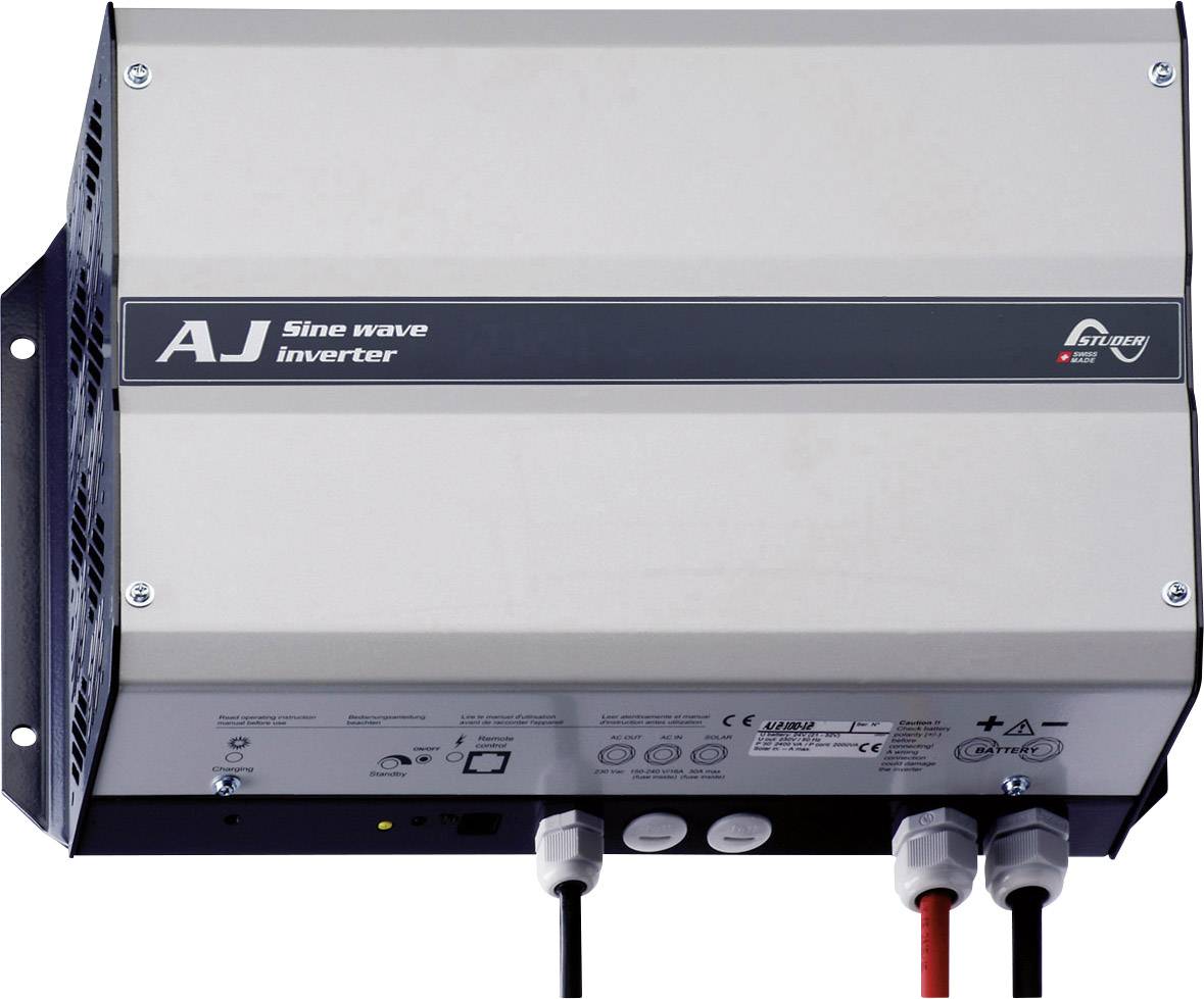 Sivý sínusový menič s nápisom 'AJ Sine wave inverter', ktorý zobrazuje technické prípojky a kontrolné indikátory.