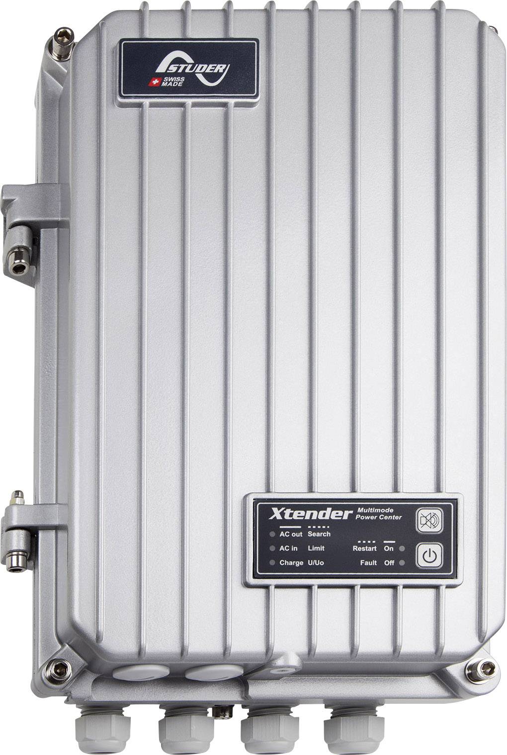 Strieborný kryt Xtender Multimode Power Center, s prípojkami a ovládacím panelom na prednej strane.