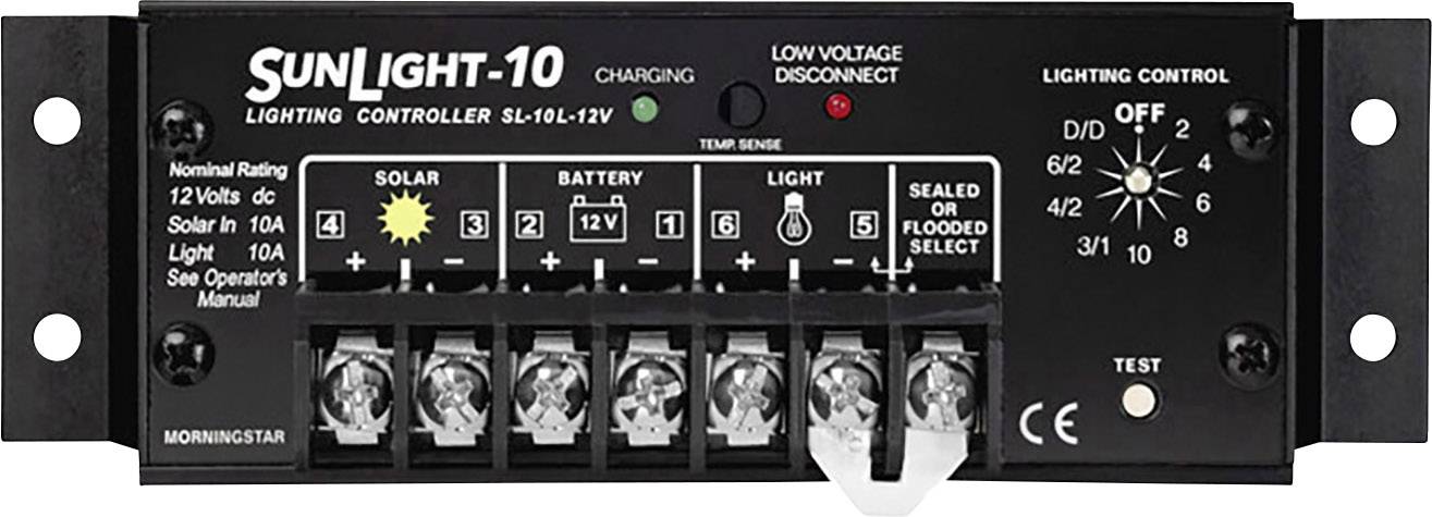 Ovládač svetla 'Sun Light-10' so solárnym vstupom, prepojením batérie a rôznymi nastaveniami na ovládanie svetla.