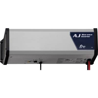 Menič sínusového prúdu s krytom, ovládacími prvkami a prípojkami, s nápisom značky 'AJ Sine wave Inverter', v sivom dizajne.