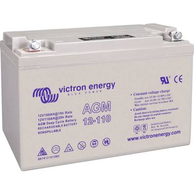 12V AGM batéria, model 12-110, od Victron Energy. Kapacita: 100Ah pri 10h. Výstražné upozornenia: Neprevrátiteľná, chrániť pred iskrami.