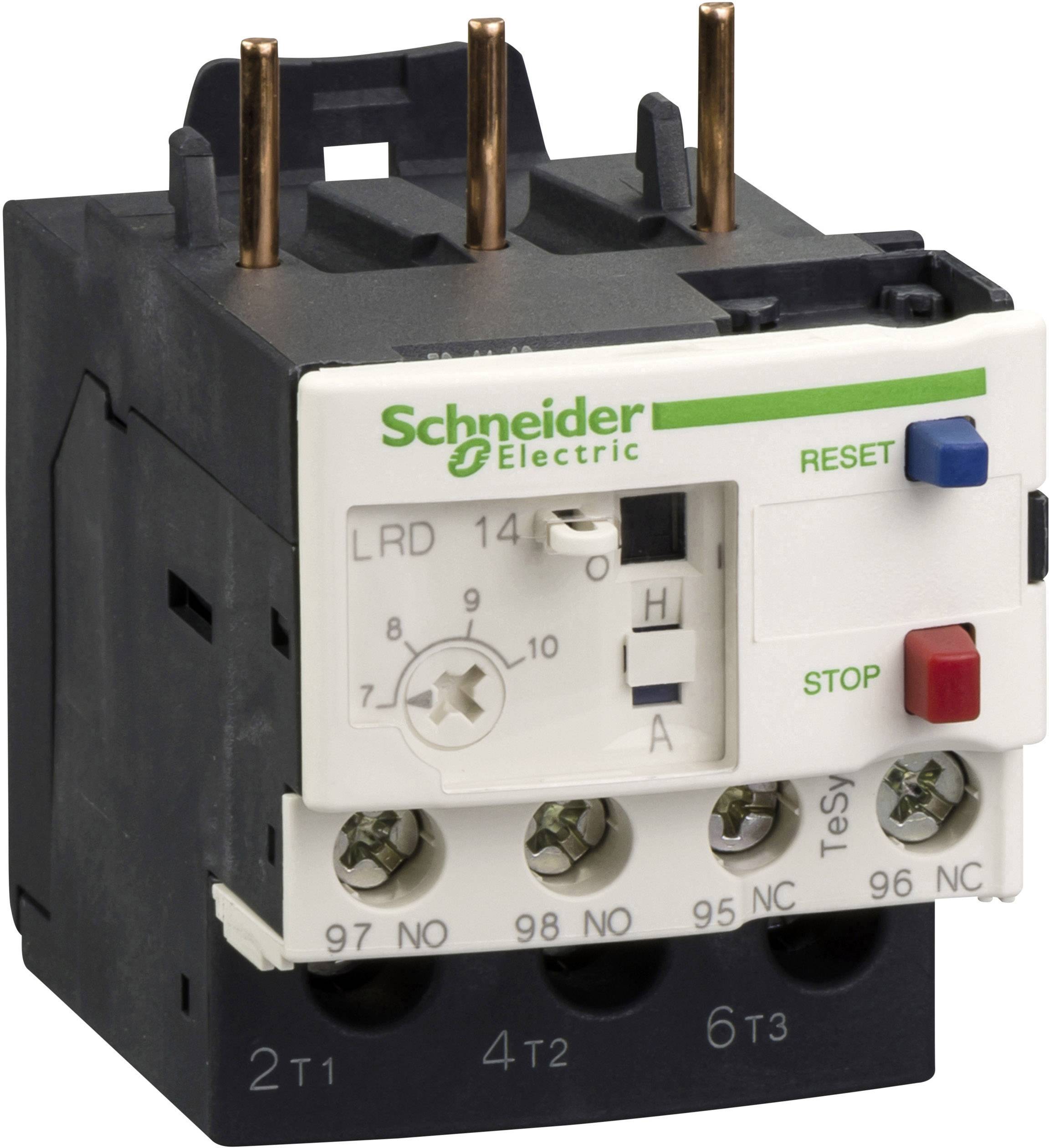 Ochranný spínač od Schneider Electric s resetovacím a stop tlačidlom a nastavovacím gombíkom na reguláciu prúdu.