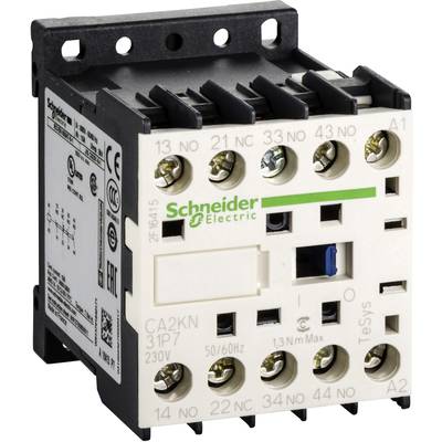 Stykač 'Schneider Electric' so skrutkovými svorkami, symbolmi a technickými špecifikáciami viditeľnými na prednej strane.