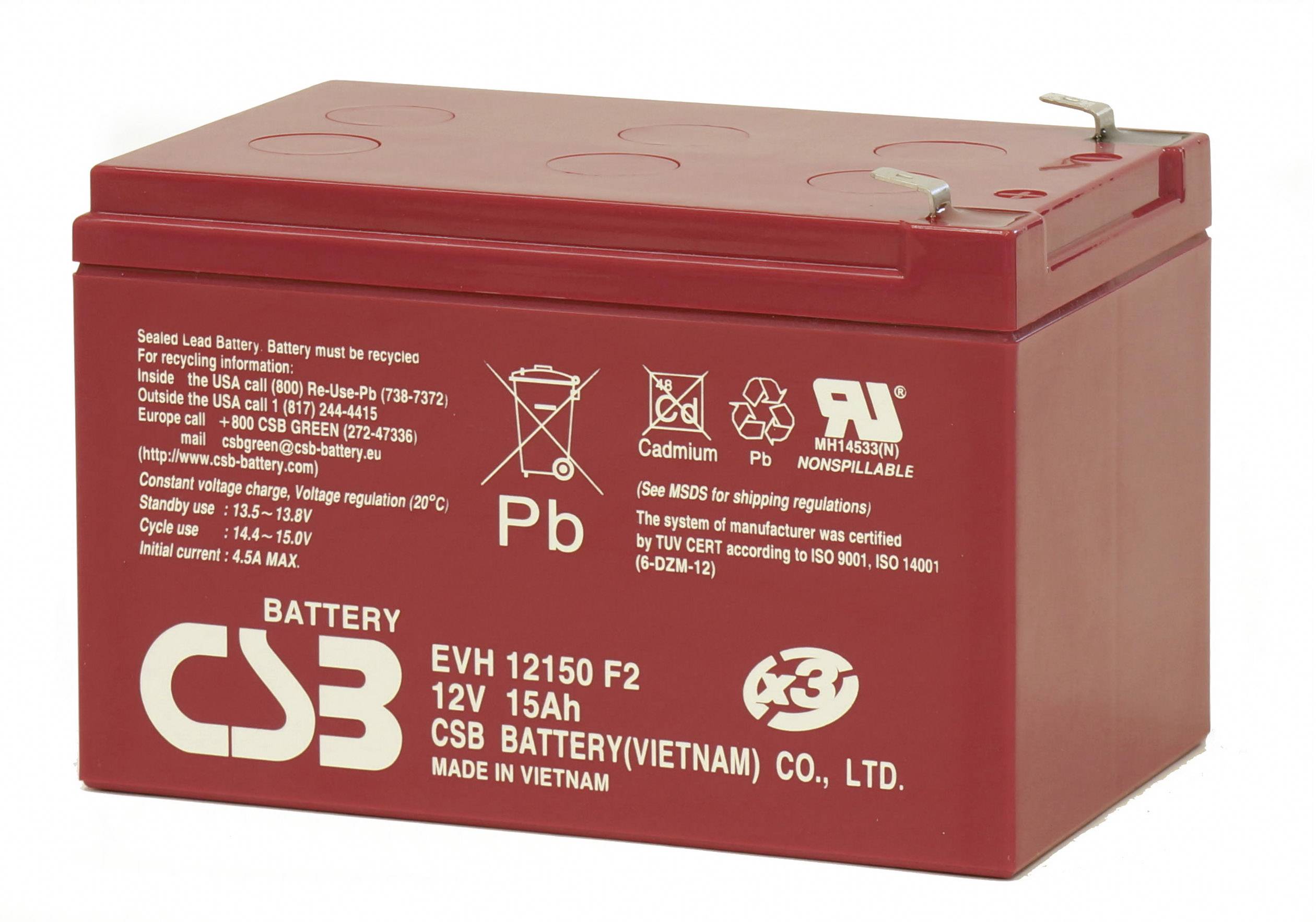 Olovo-kyselinový akumulátor značky CSB, 12V 15Ah, so symbolmi pre Pb, bez kadmia, symboly recyklácie a výstražnými upozorneniami na hornej strane.