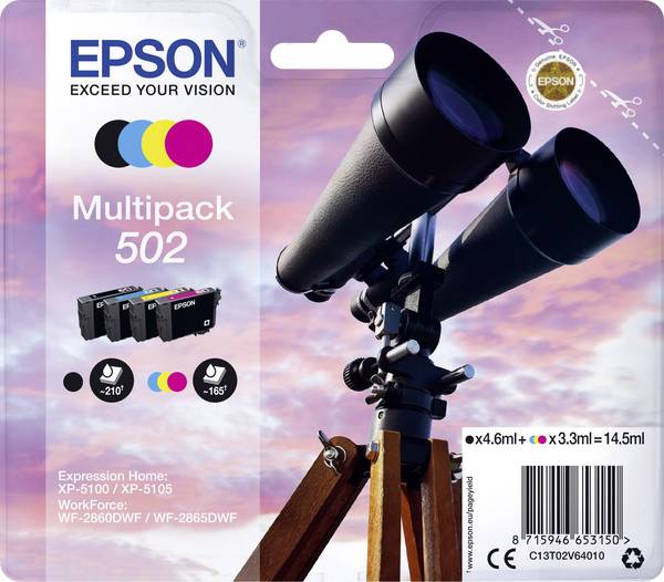 Epson T02V6, 502 atramenty originál  čierna, zelenomodrá, purpurová, žltá