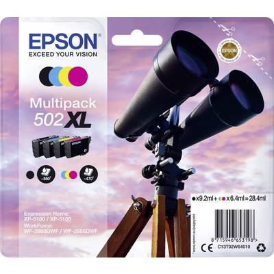 Multipack atramentových cartridží Epson (502 XL) pred modrým pozadím oblohy. Obsahuje čierne, azúrové, purpurové a žlté cartridže. Kompatibilné s rôznymi tlačiarňami Epson.