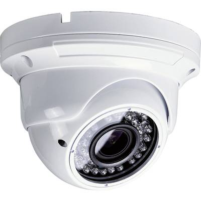 Biela bezpečnostná kamera s objektívom a infračervenými LED diódami pre nočné videnie, namontovaná na strope.