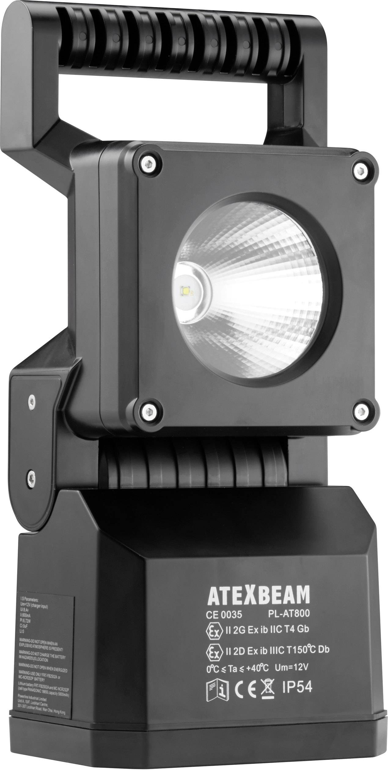 Čierny prenosný LED reflektor 'ATEXBEAM', model PL-AT800, s robustným krytom a integrovanou rukoväťou. Vhodný do výbušného prostredia.