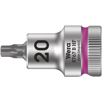 Bit Wera 8767 B HF nevýklepový Torx, veľkosť T20, so vrúbkovaným okrajom a ružovým prsteňom na päte, určený na manuálne skrutkovanie.