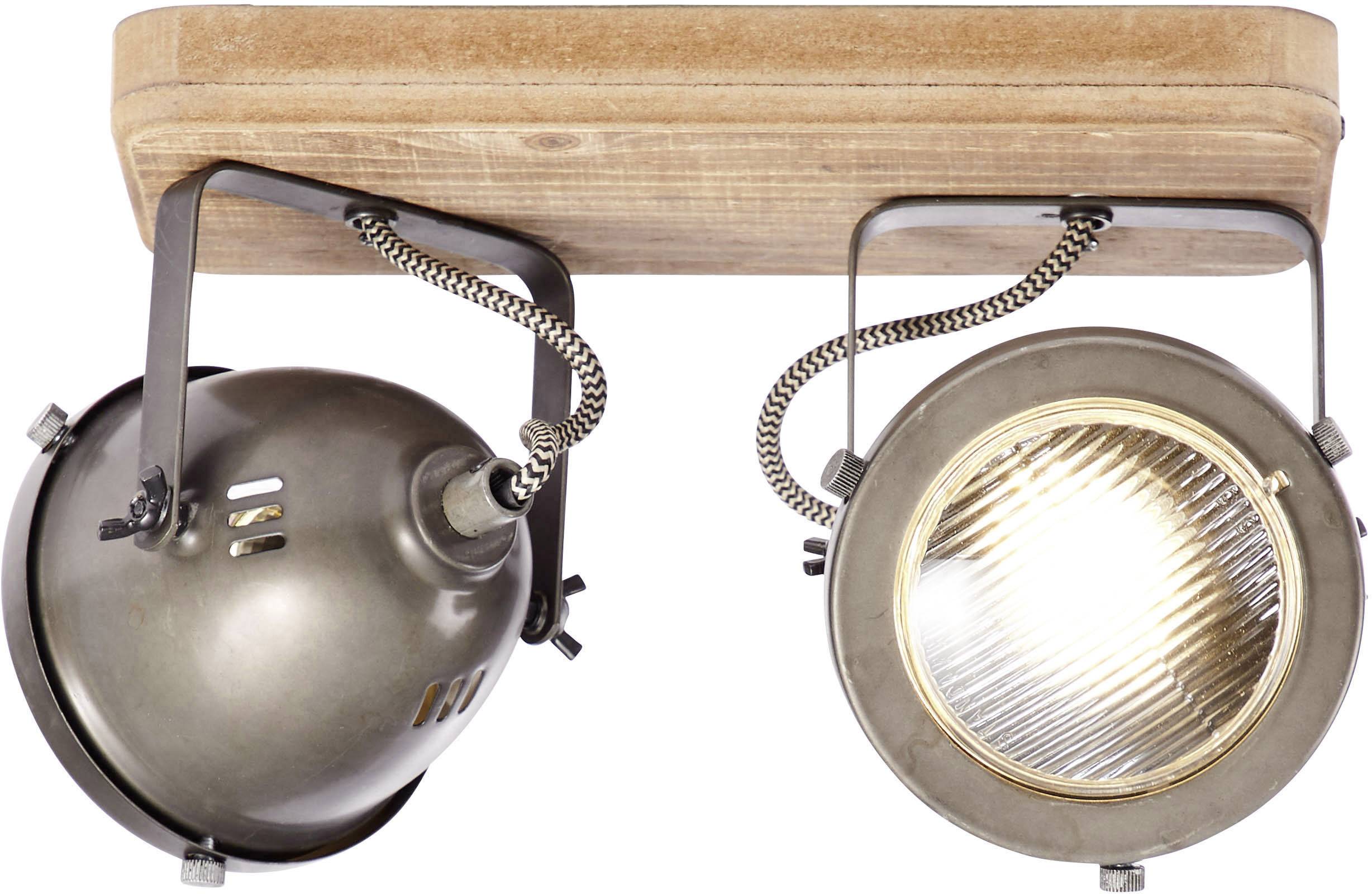Dve okrúhle stropné svietidlá z kovu, namontované na obdĺžnikovej drevenej doske, s priemyselným dizajnom.