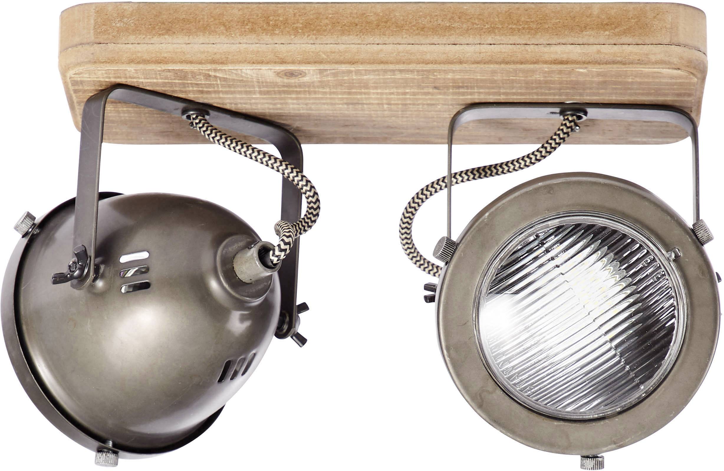 Dve priemyselné stropné svietidlá z kovu a dreva, umiestnené vedľa seba, s ohybným kĺbovým mechanizmom pre nastaviteľné svetlo.