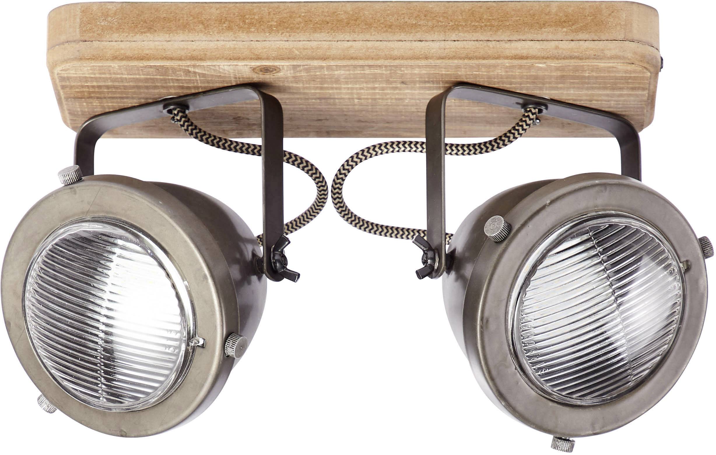 Dve okrúhle stropné svietidlá v priemyselnom štýle s kovovými krytmi, namontované na obdĺžnikovom drevenom podstavci.