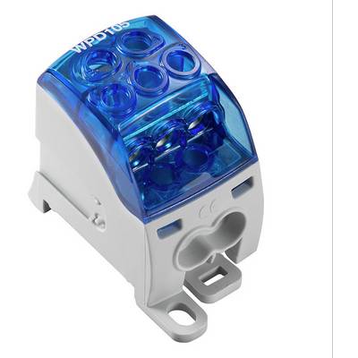 Modrý elektrický konektor s priehľadným krytom, na vrchu viditeľné modelové označenie 'WPD 105'. Používa sa na elektrické zapojenie.