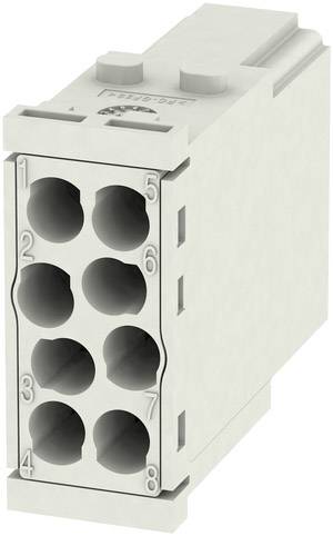 Viacpólový rozvodný blok s ôsmimi očíslovanými zásuvkami v dvoch radoch. Použiteľný v elektrických obvodoch.