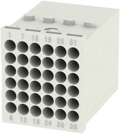 Obdĺžnikový biely konektor s 36 okrúhlymi otvormi, usporiadanými v mriežke 6x6 a očíslovanými od 1 do 36 po okrajoch.