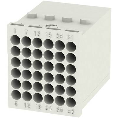 Obdĺžnikový biely konektor s 36 okrúhlymi otvormi, usporiadanými v mriežke 6x6 a očíslovanými od 1 do 36 po okrajoch.