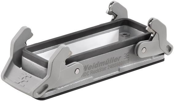 Šedý kovový kryt s upevňovacími mechanizmami, označený logom 'Weidmüller'. Navrhnutý pre priemyselné použitie.