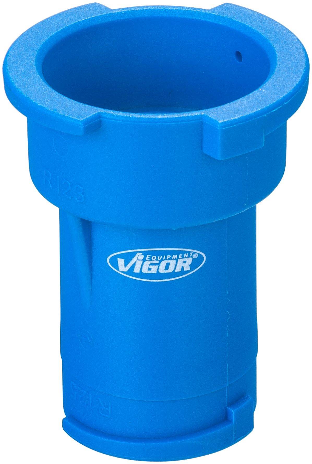 Modrý plastový puzdra s nápisom "Vigor", vhodný ako súčasť nástroja alebo strojového príslušenstva.