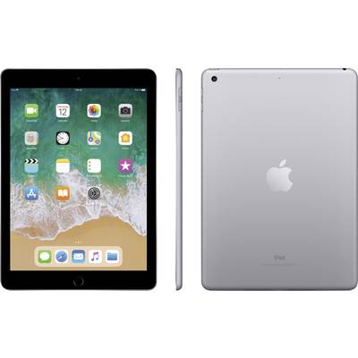 Tablet v dvoch pohľadoch: na prednej strane sú zobrazené aplikácie na obrazovke; na zadnej strane je logo jablka.