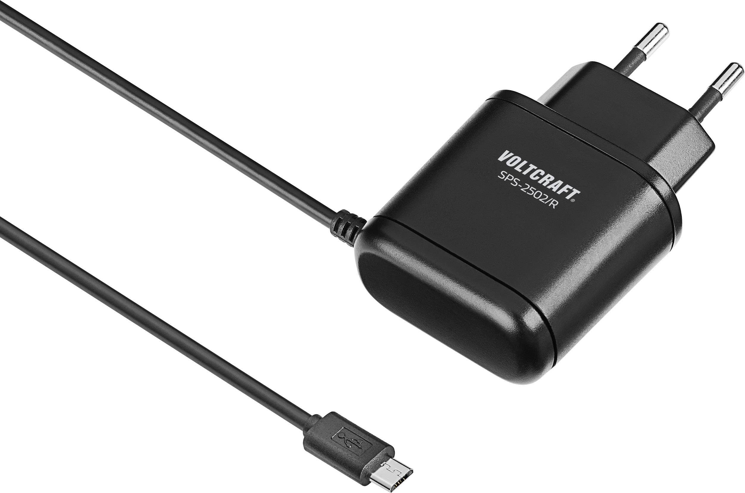 Čierna sieťová nabíjačka s dvojpólovým eurozástrčkou a pripojeným dlhým micro-USB káblom. Na nabíjačke je vyznačený značkový názov 'Voltcraft'.