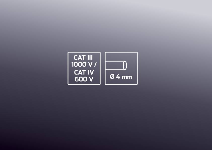'CAT III 1000 V / CAT IV 600 V' a symbol 'Ø 4 mm' na sivom pozadí, pravdepodobne technická špecifikácia.