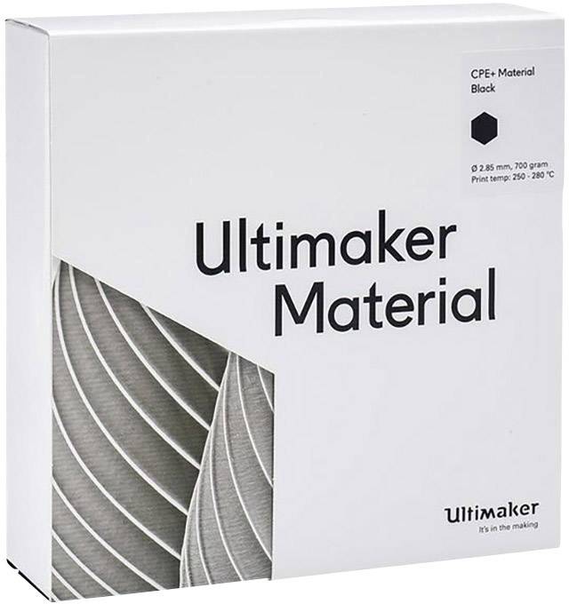 Balenie materiálu Ultimaker, CPE+, čierne, 2,85 mm, 750 gramov. Odporúčaná teplota tlače: 250–280°C.