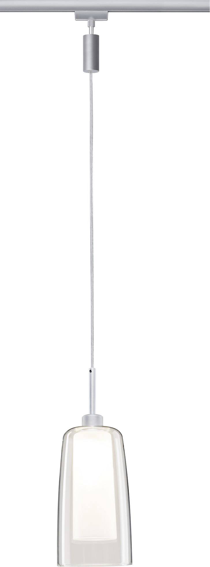 Závesná lampa so skleneným tienidlom a bielym káblom, zavesená na strope.