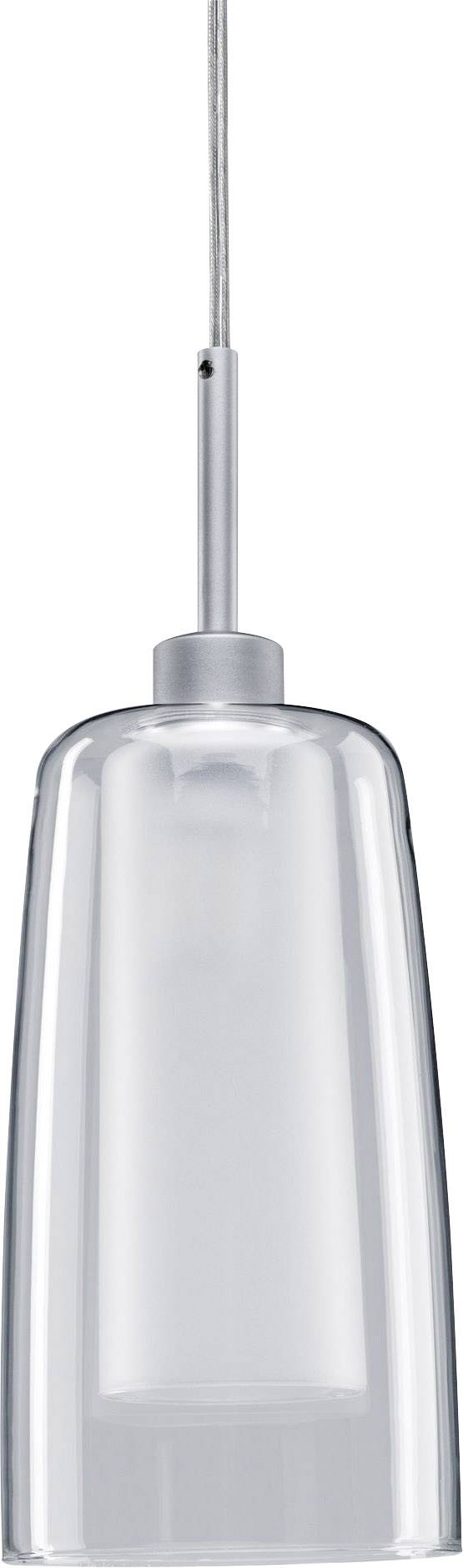 Transparentná, valcovitá závesná lampa zo skla s kovovým držiakom a káblom, vhodná pre moderné interiéry.