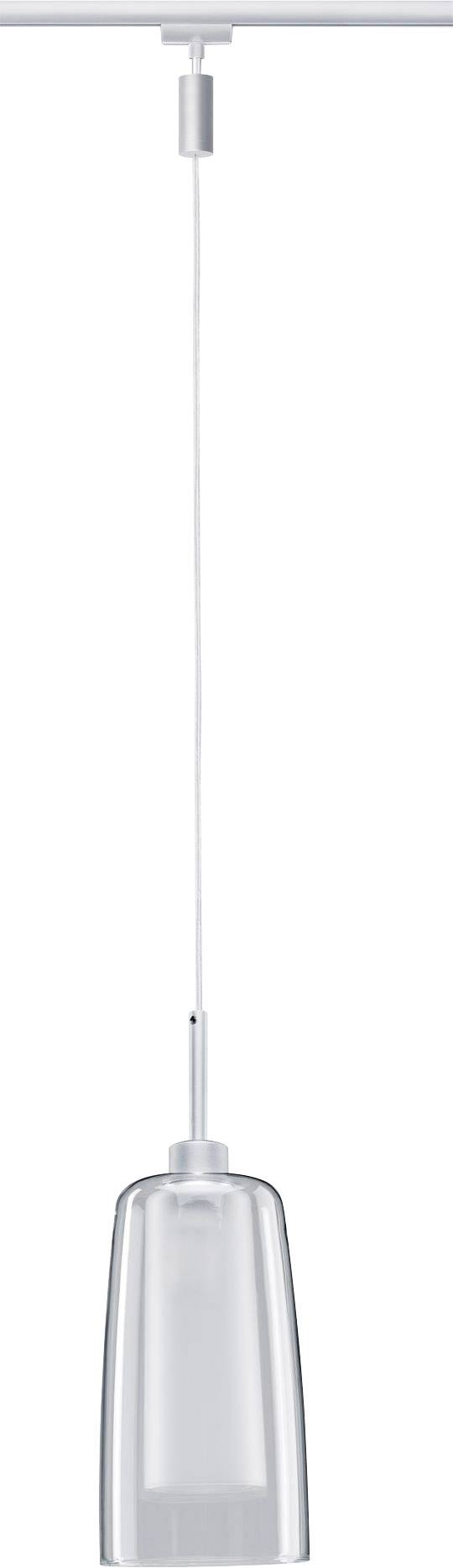 Moderná závesná lampa s valcovitým, priesvitným skleneným tienidlom a bielym zavesením. Ideálna pre súčasné interiéry.